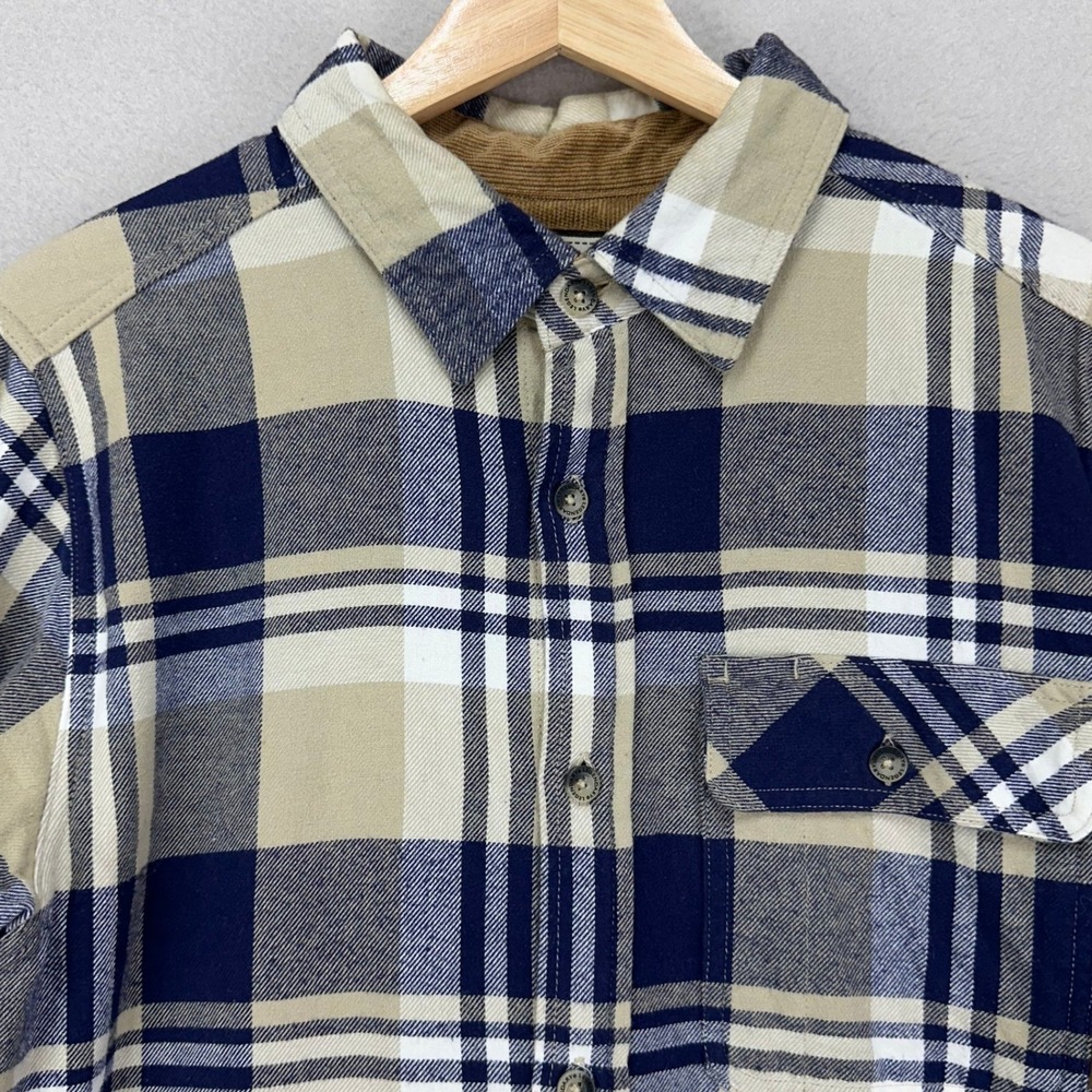 Legendary Whitetales Flannel Shirt Mens Small Long Sleeve Plaid Tan/Navy Retro
